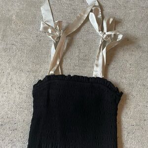 Girls NWT- Katie J NYC Black Smocked Crop top with satin Cream Tie Straps M 10